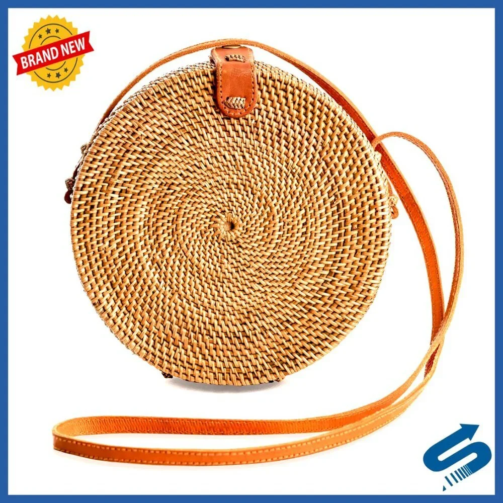 Round Rattan Crossbody Bag Handwoven Wicker Purse Summer Boho Chic